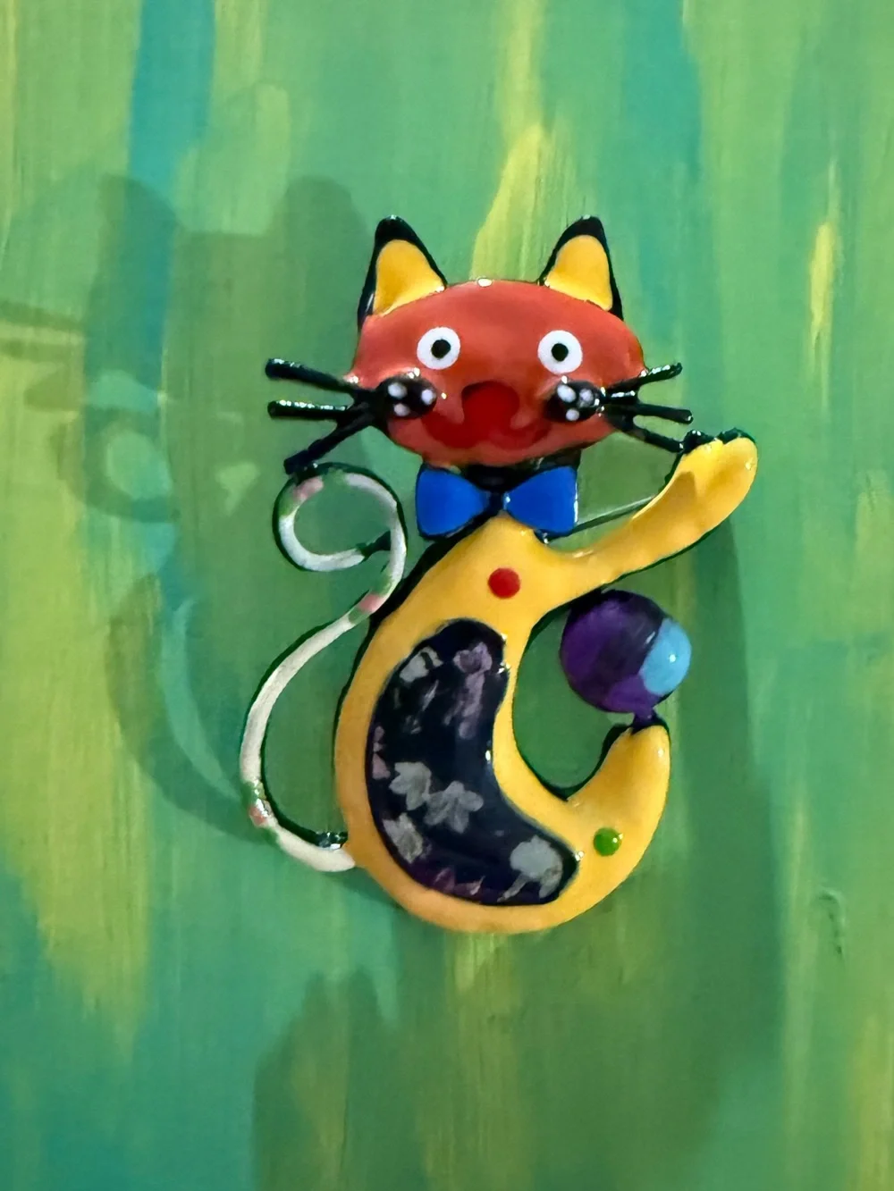 Colorful Cat Brooch - Yellow & Red Enamel Novelty Pin